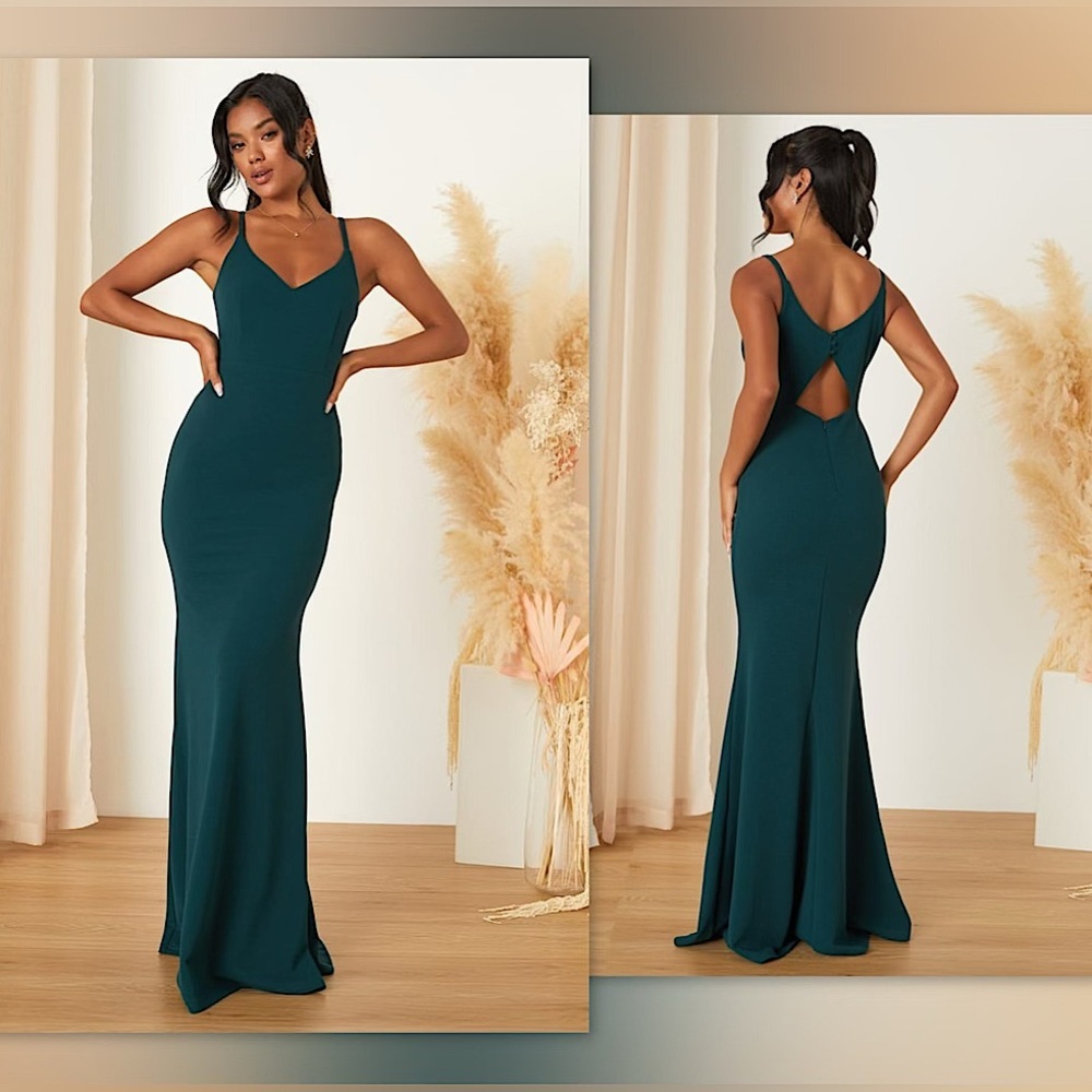 🦚Lulus Moments Of Bliss Forest Green Backless Mermaid Maxi Dress, M